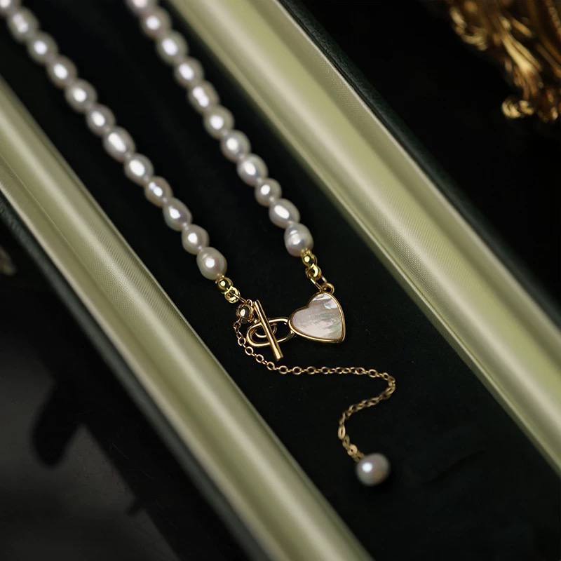 Two-Way Heart Pearl Necklace with OT Clasp – Women’s Elegant Collarbone Jewelry