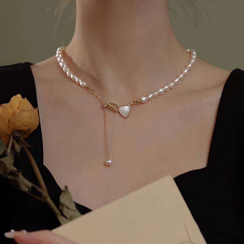 Two-Way Heart Pearl Necklace with OT Clasp – Women’s Elegant Collarbone Jewelry