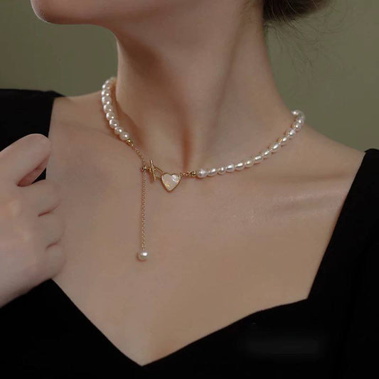 Two-Way Heart Pearl Necklace with OT Clasp – Women’s Elegant Collarbone Jewelry