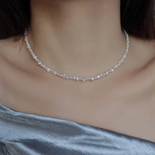 Natural Baroque Pearl Necklace with Irregular Silver Beads – Women’s Elegant Collarbone Jewelry